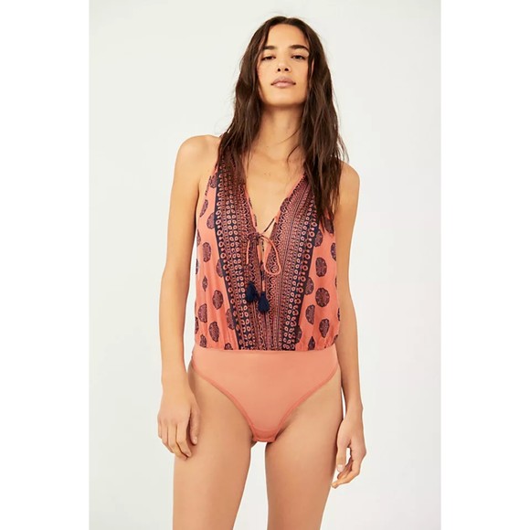 Free People Intimately Soul Of The Sun Bodysuit M XL Brick Red Tassels Boho Chic - Picture 1 of 5